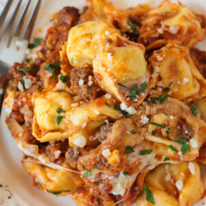 cheese tortellini with ground beef and cheese on a plate with fork