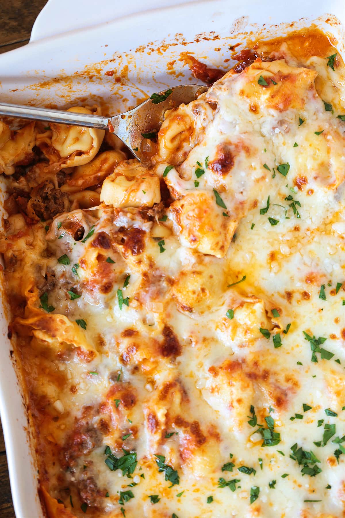 Make this Cheesy Tortellini Bake for an easy weeknight dinner or a cozy meal for guests. A hearty pasta casserole that everyone will love! serving spoon in a casserole dish with tortellini and cheese