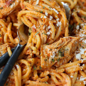 spaghetti with chicken wrapped around a fork