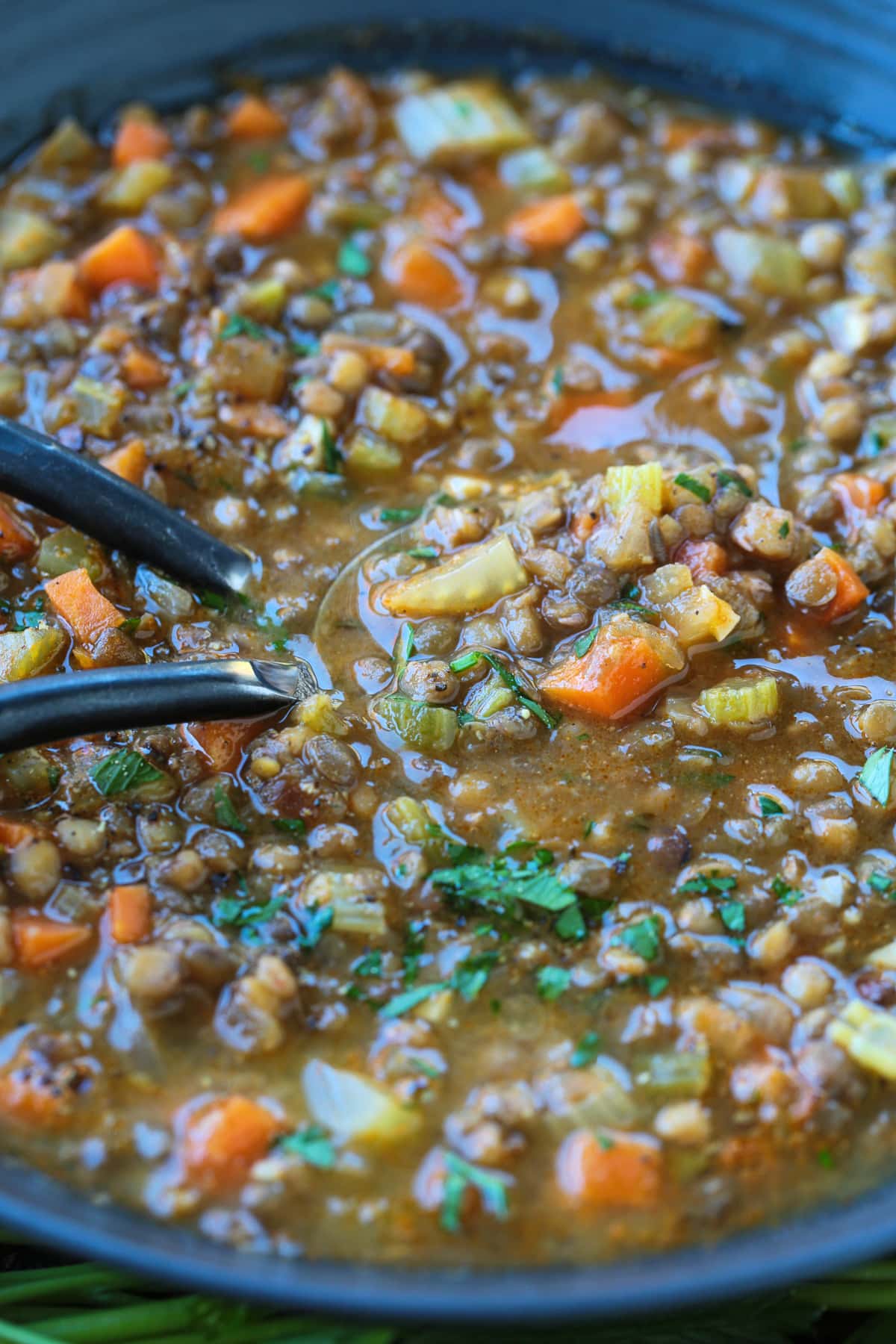 bowl of lentil soup with spoons