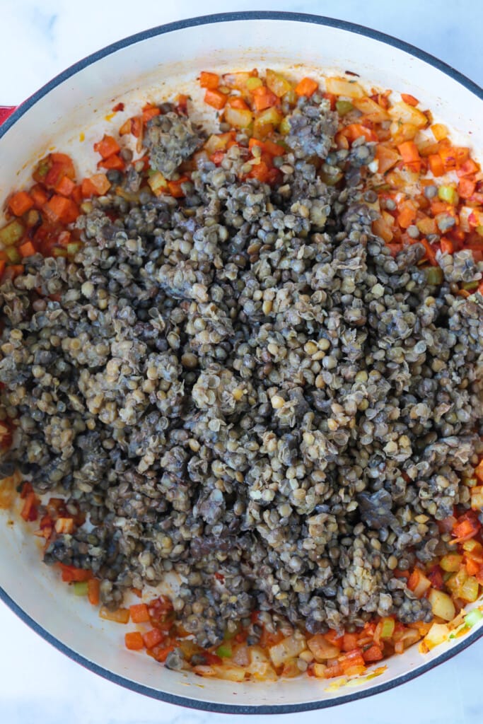 This cozy French Lentil Soup is ready to serve in just 30 minutes. Enjoy this veggie-packed, easy to make soup and night of the week! lentils and vegetables in soup pot
