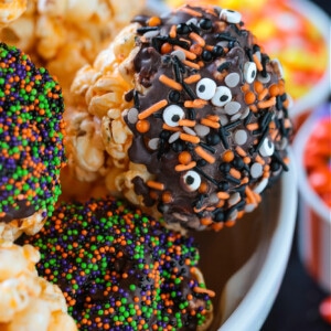 popcorn ball with Halloween decorations