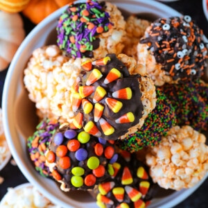 decorated halloween popcorn balls in bowl