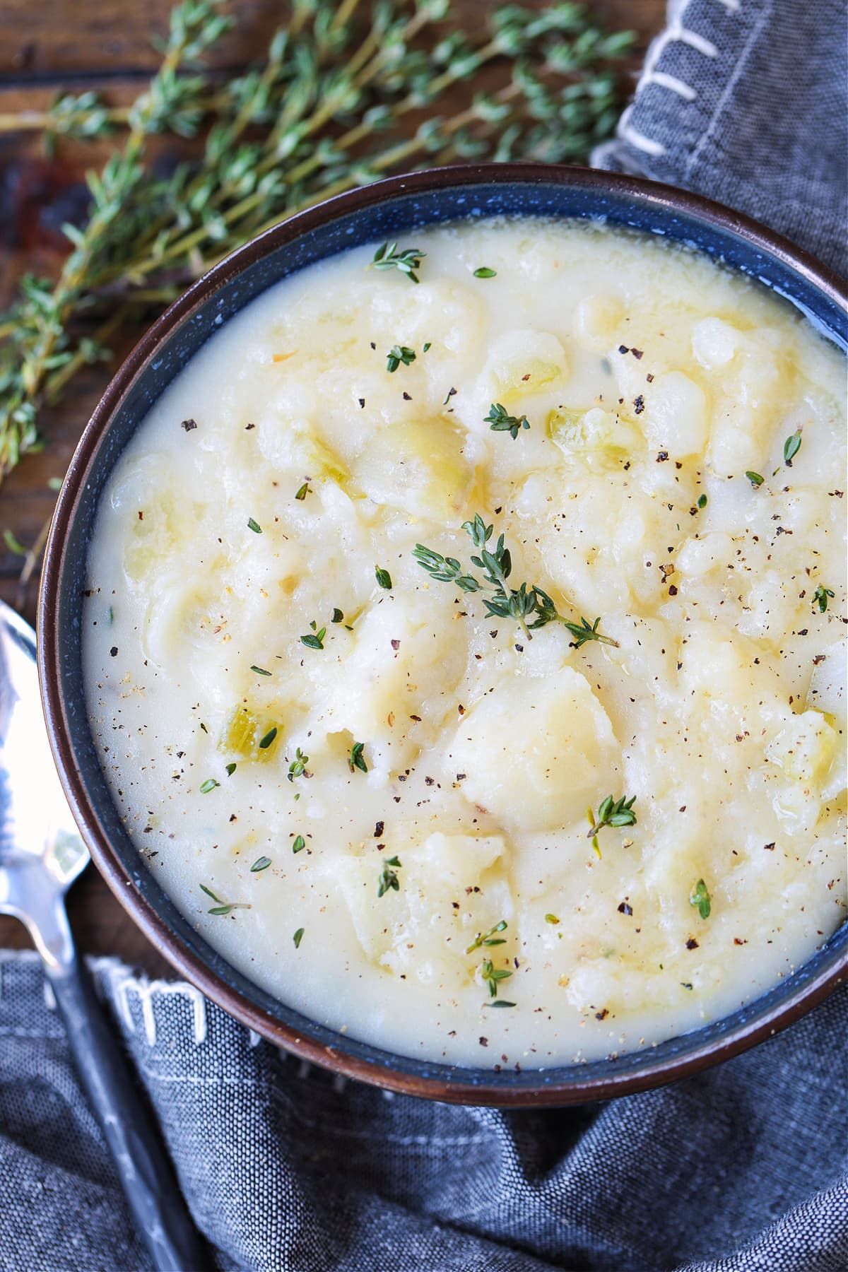 potato soup with fresh thyme and black pepper