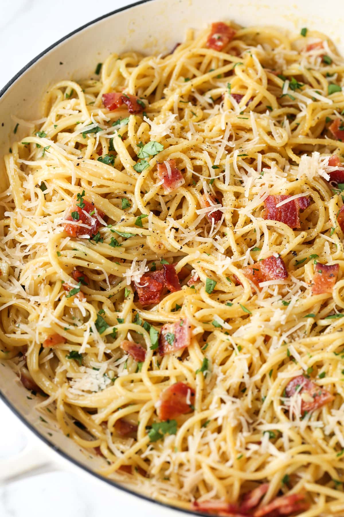 Enjoy the deliciousness of this simple Pasta Carbonara any time of the week! A 15 minute pasta dish that's oozing with comfort food feels. pasta carbonara in a white pot