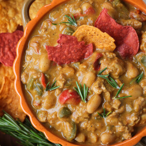 turkey pumpkin chili in orange bowl with tortilla chips