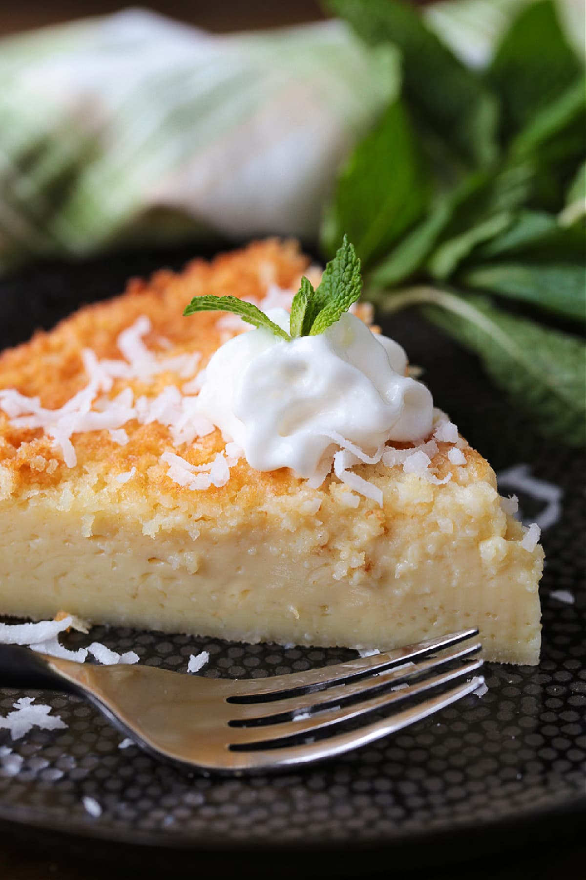 Impossible Coconut Pie is so easy to make it seems impossible! A creamy, sweet, custard pie that forms it's own crust as it bakes! slice of coconut pie on black plate with fork