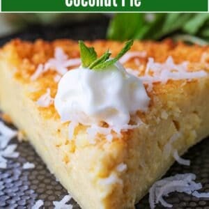 slice of impossible coconut pie with text overlay