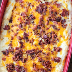 mashed potato casserole with bacon and cheese on top