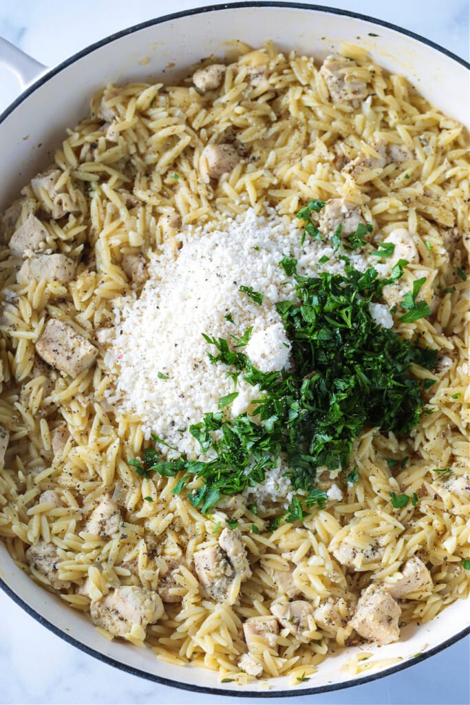 chicken and orzo skillet with parmesan cheese and parsley