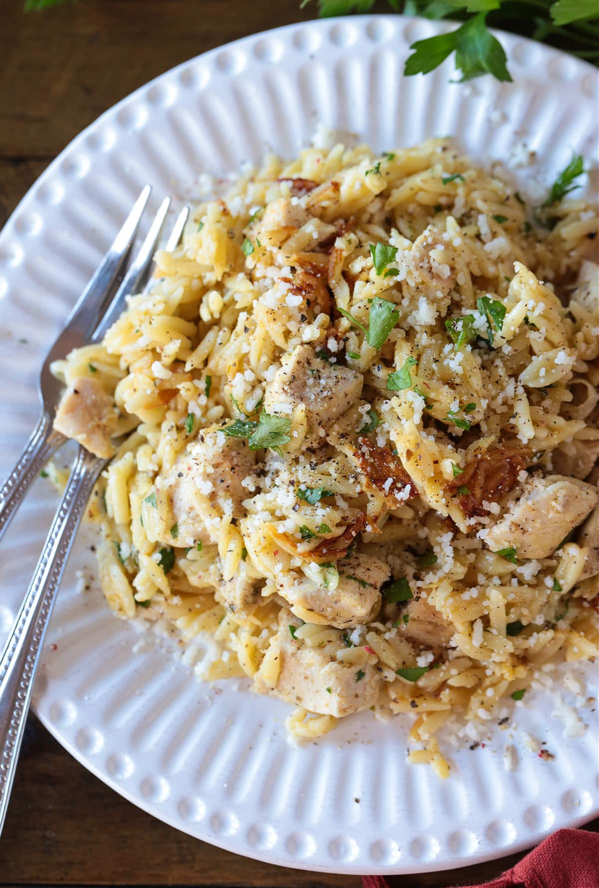 chicken and orzo dinner on white plate with forks