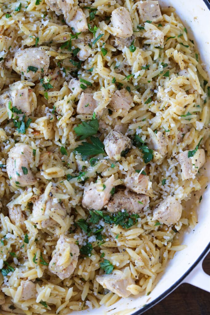 chicken and orzo dinner in pan