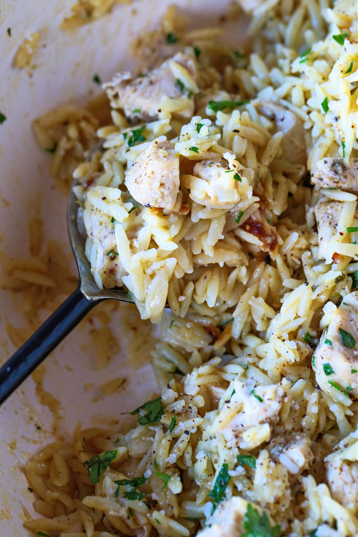 chicken and orzo dinner with a large spoon for serving