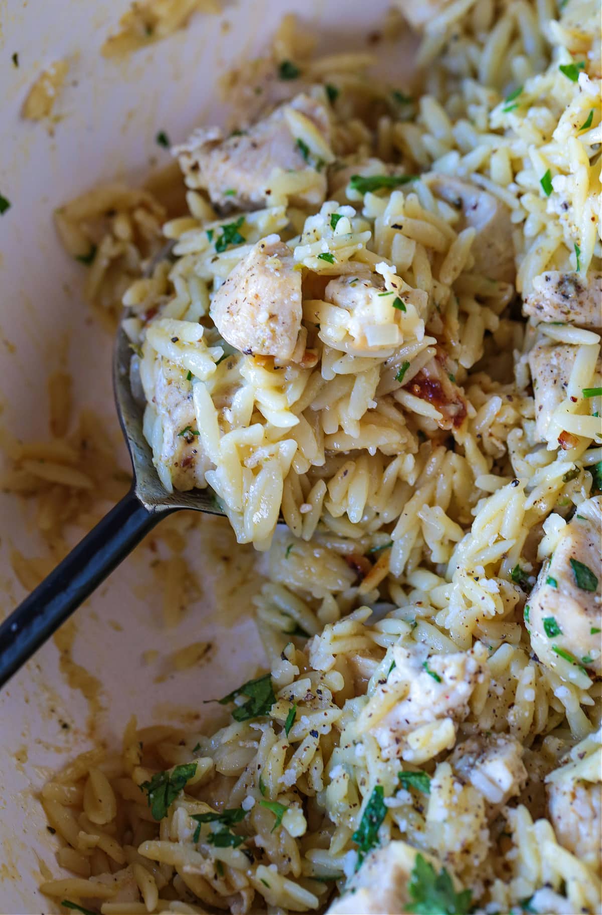 chicken and orzo dinner with a large spoon for serving