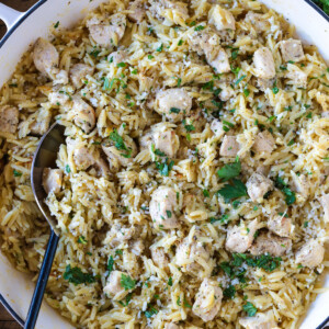 orzo and chicken in white skillet with spoon