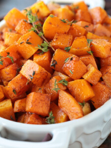 butternut squash cubes in baking dish