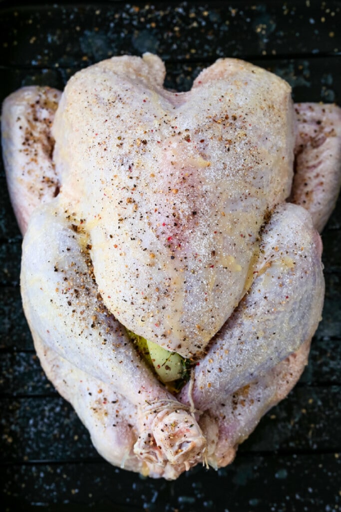 uncooked whole turkey in roasting pan