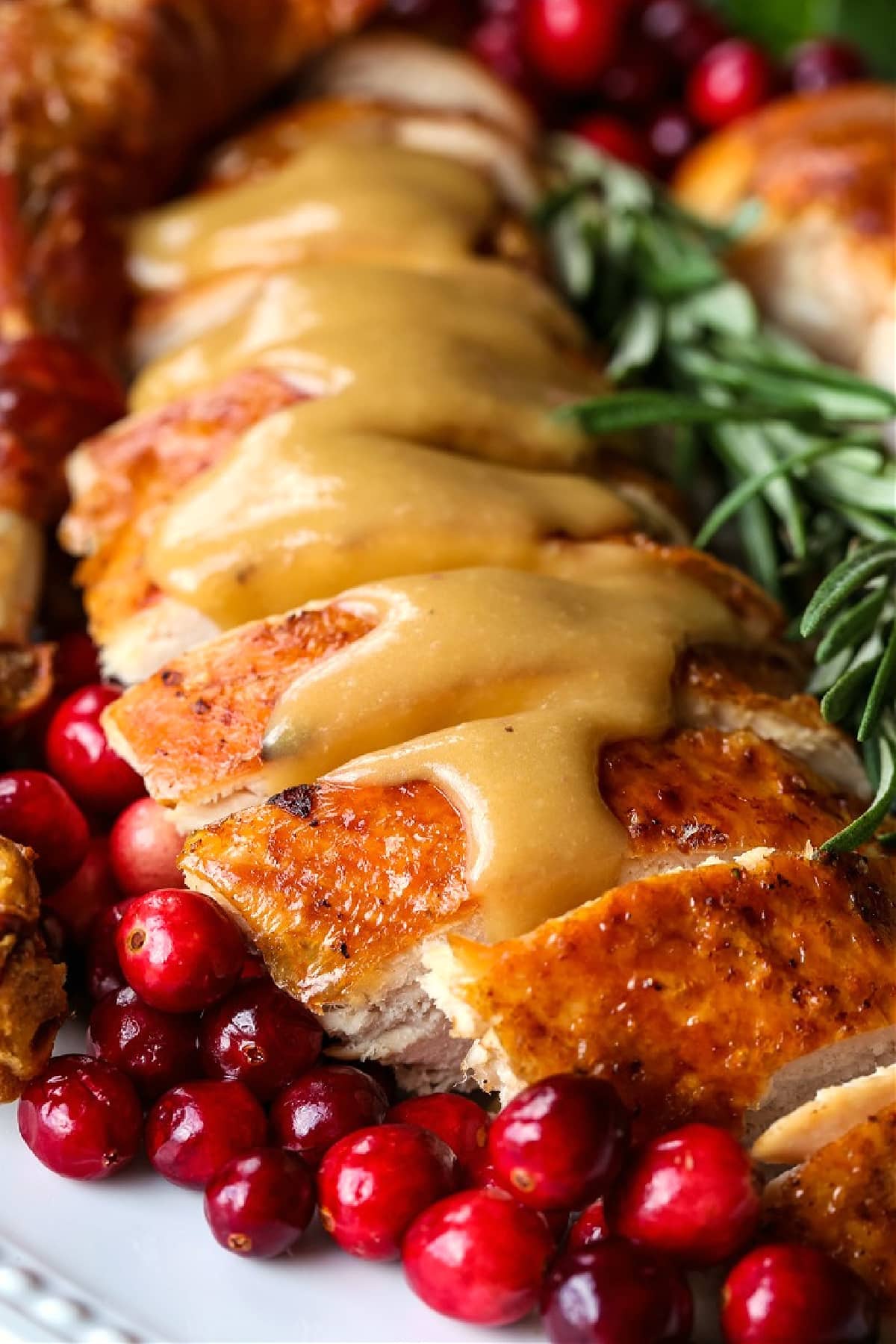 Our Simple Roast Turkey recipe is moist and juicy every time! Don't let a whole turkey scare you, our recipe will make you look like a pro! slice turkey breast with gravy on top