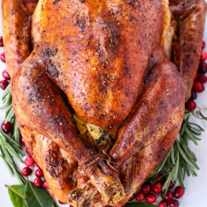 whole roasted turkey on white platter