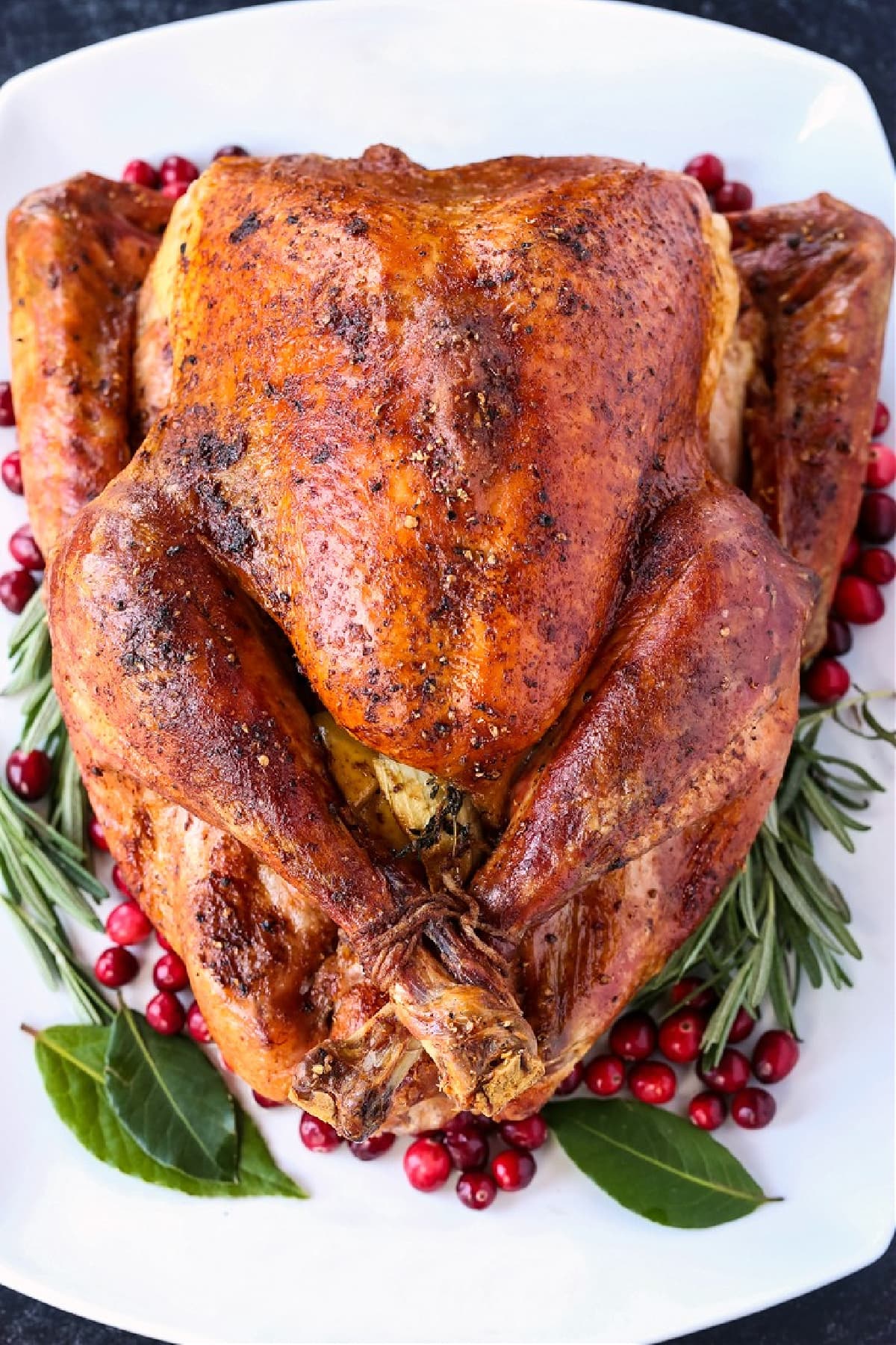 whole roasted turkey on white platter