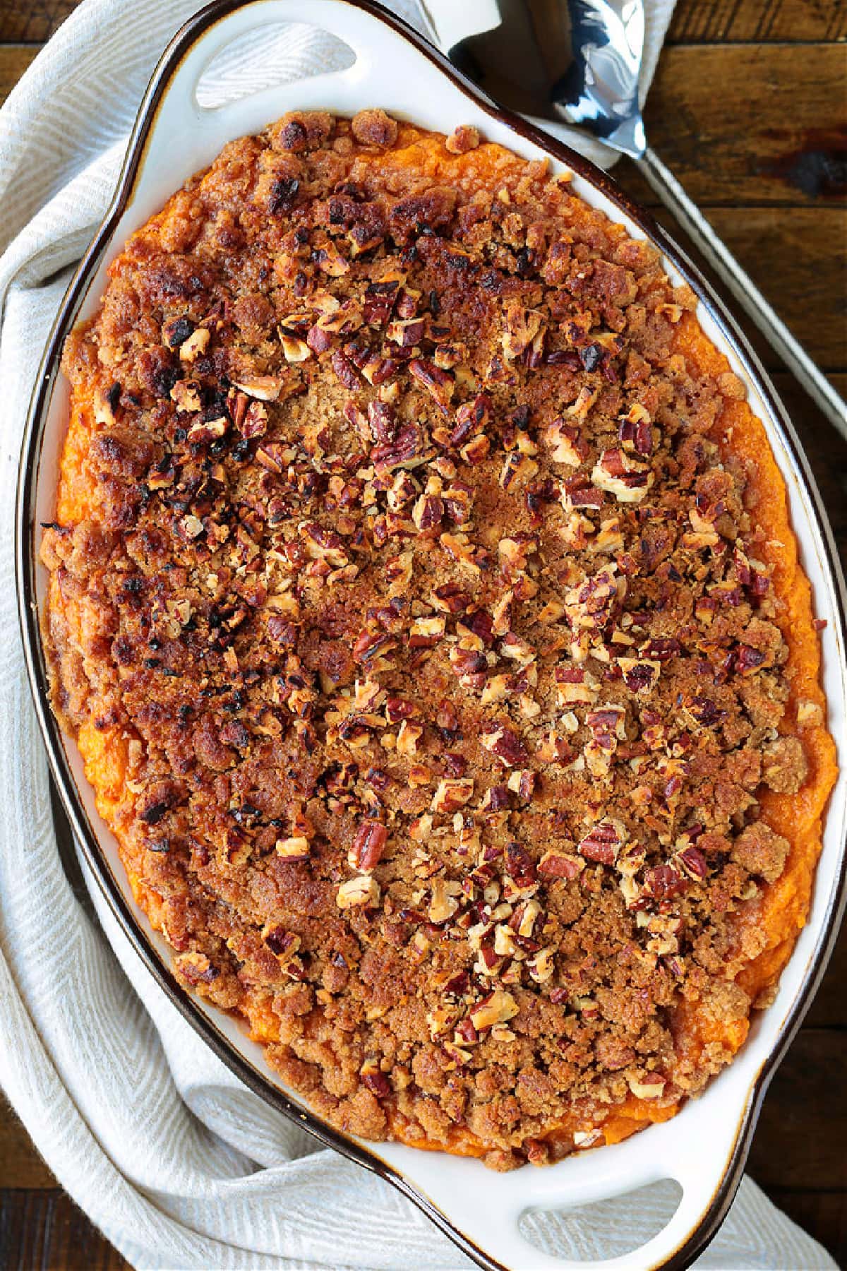 baking dish with sweet potato souffle recipe from the top