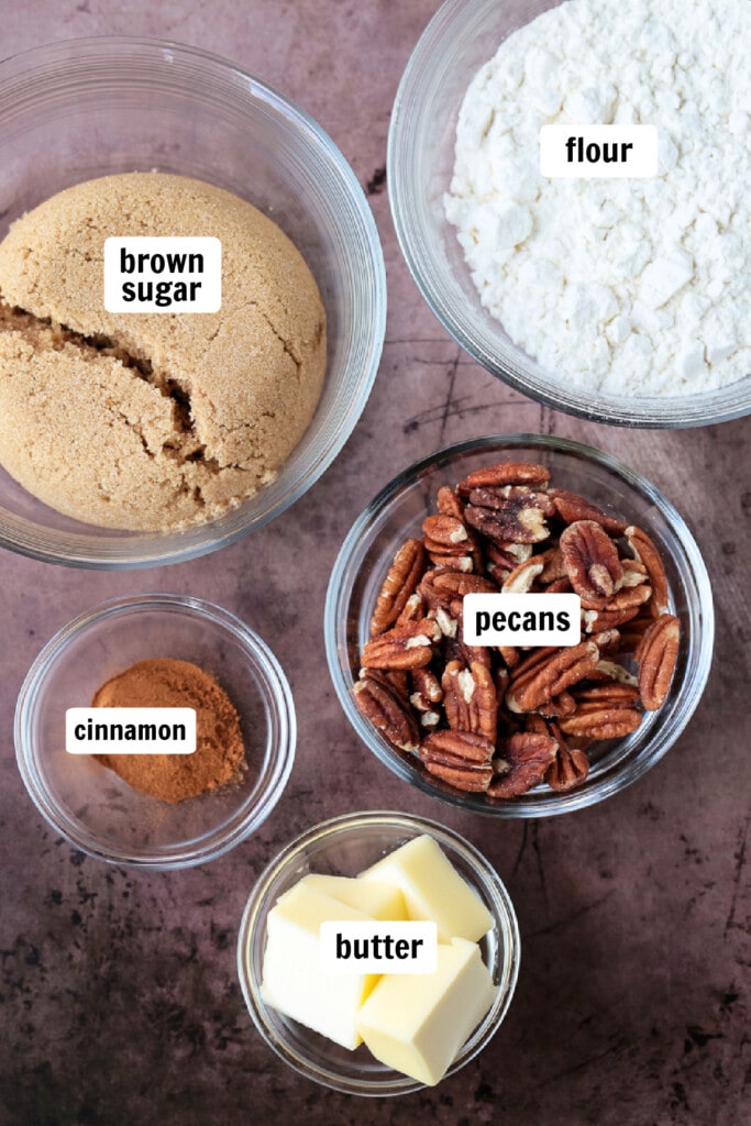 Our Sweet Potato Souffle is light and fluffy with a sweet, nutty streusel topping! A make ahead side dish for all of your holiday dinners! ingredients for streusel topping on sweet potato casserole