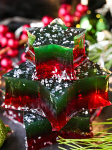 christmas colored jello stars stacked with decorations