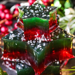 christmas colored jello stars stacked with decorations