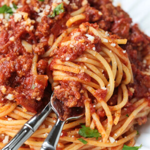 spaghetti with meat sauce twirled on a fork