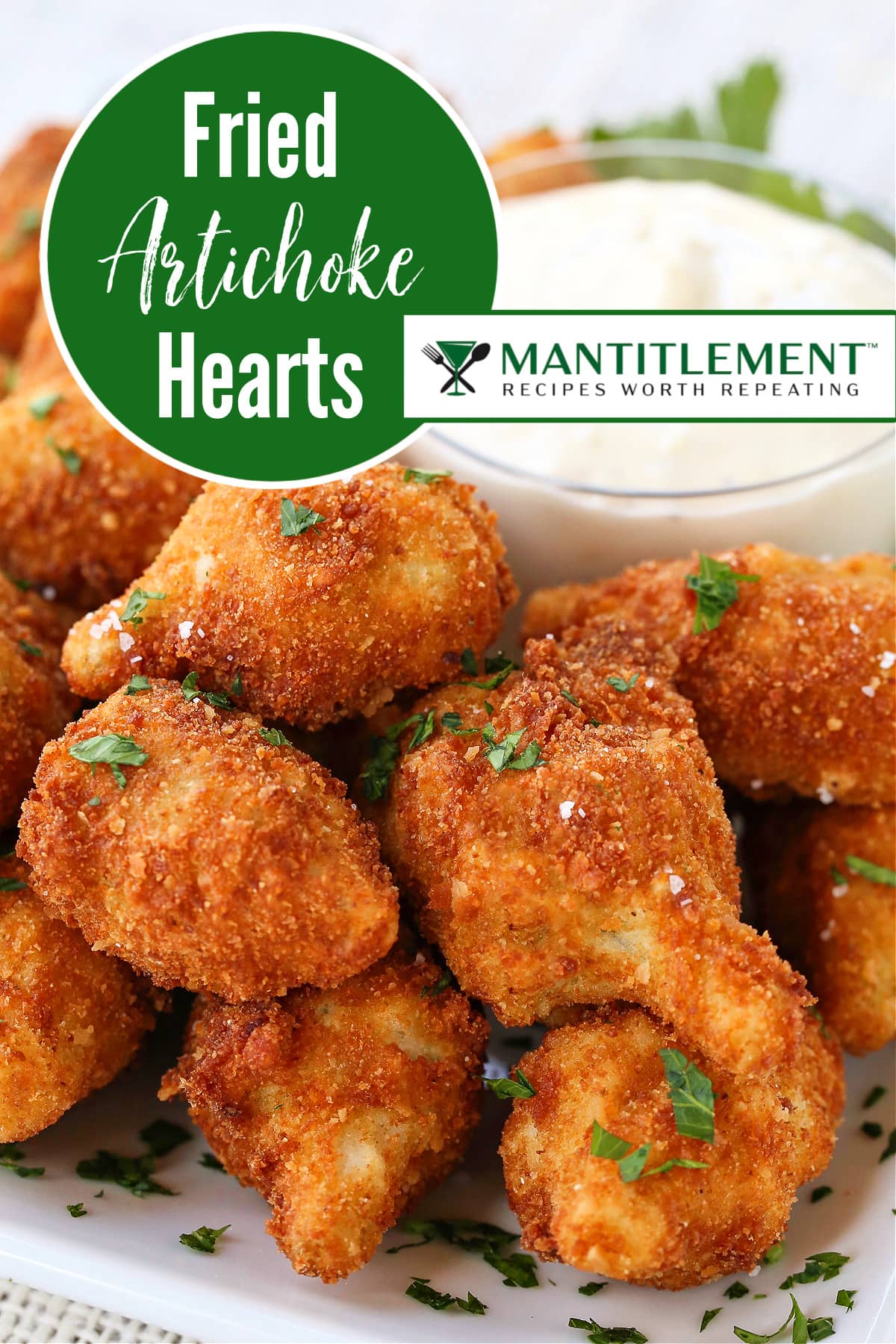 These Fried artichoke hearts are a crispy and addicting appetizer! Make our easy roasted garlic aioli to serve alongside for dipping! fried artichoke hearts image for pinterest