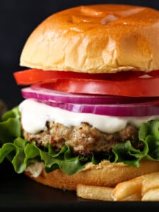 turkey burger on brioche bun with onion, tomato and mayonnaise