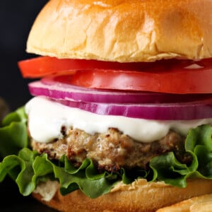 turkey burger on brioche bun with onion, tomato and mayonnaise