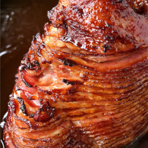 spiral sliced ham in roasting pan