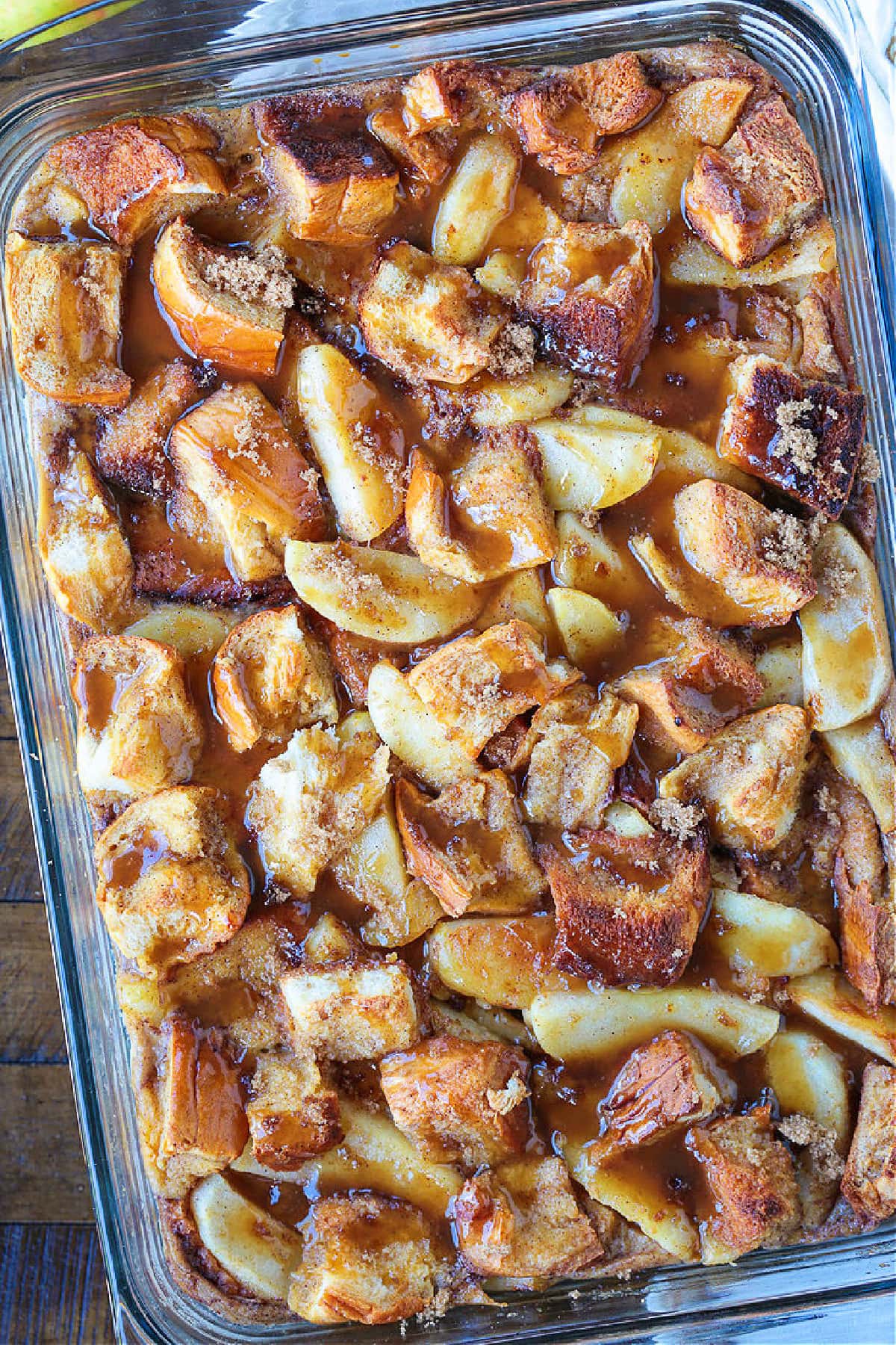 apple bread pudding in baking dish