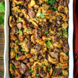 sausage stuffing in casserole dish with napkin