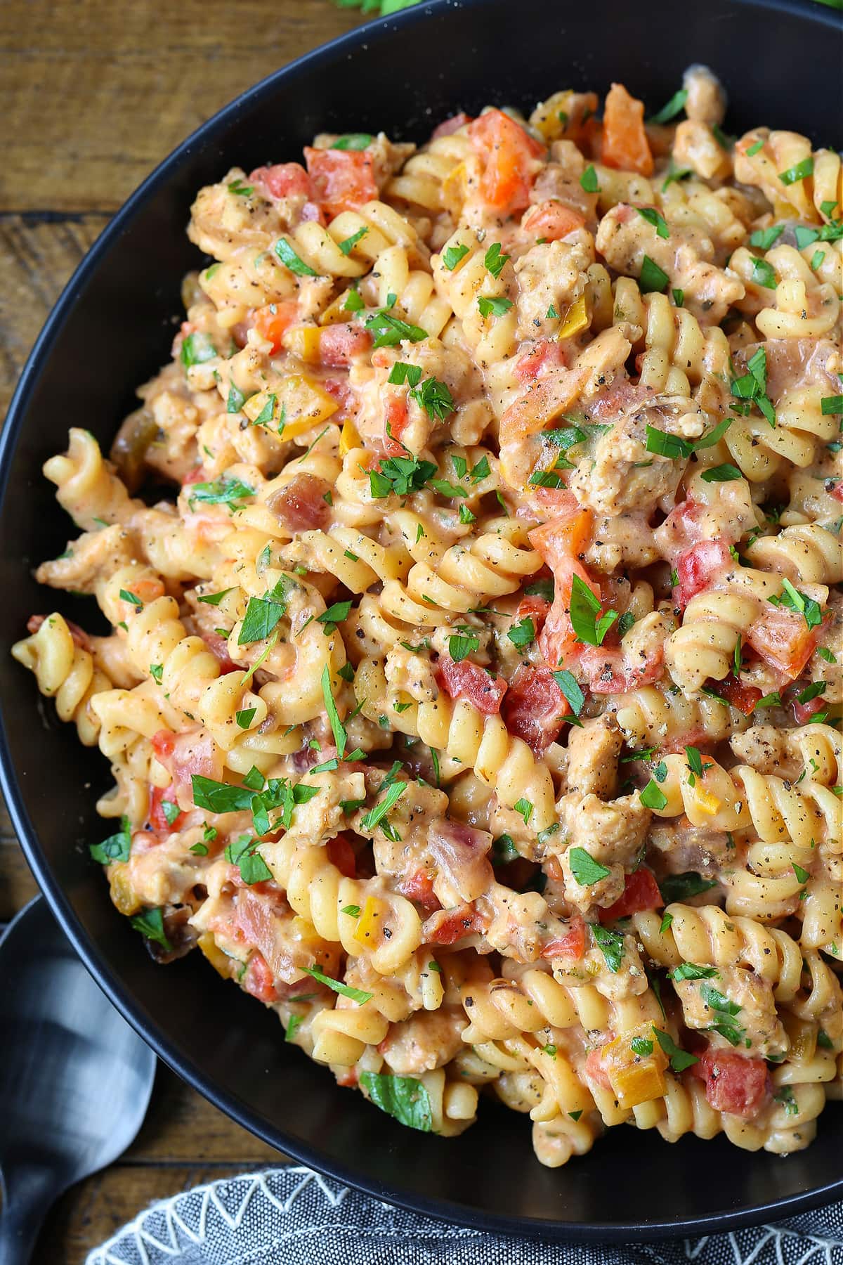 ground turkey skillet with pasta, cheese and vegetables