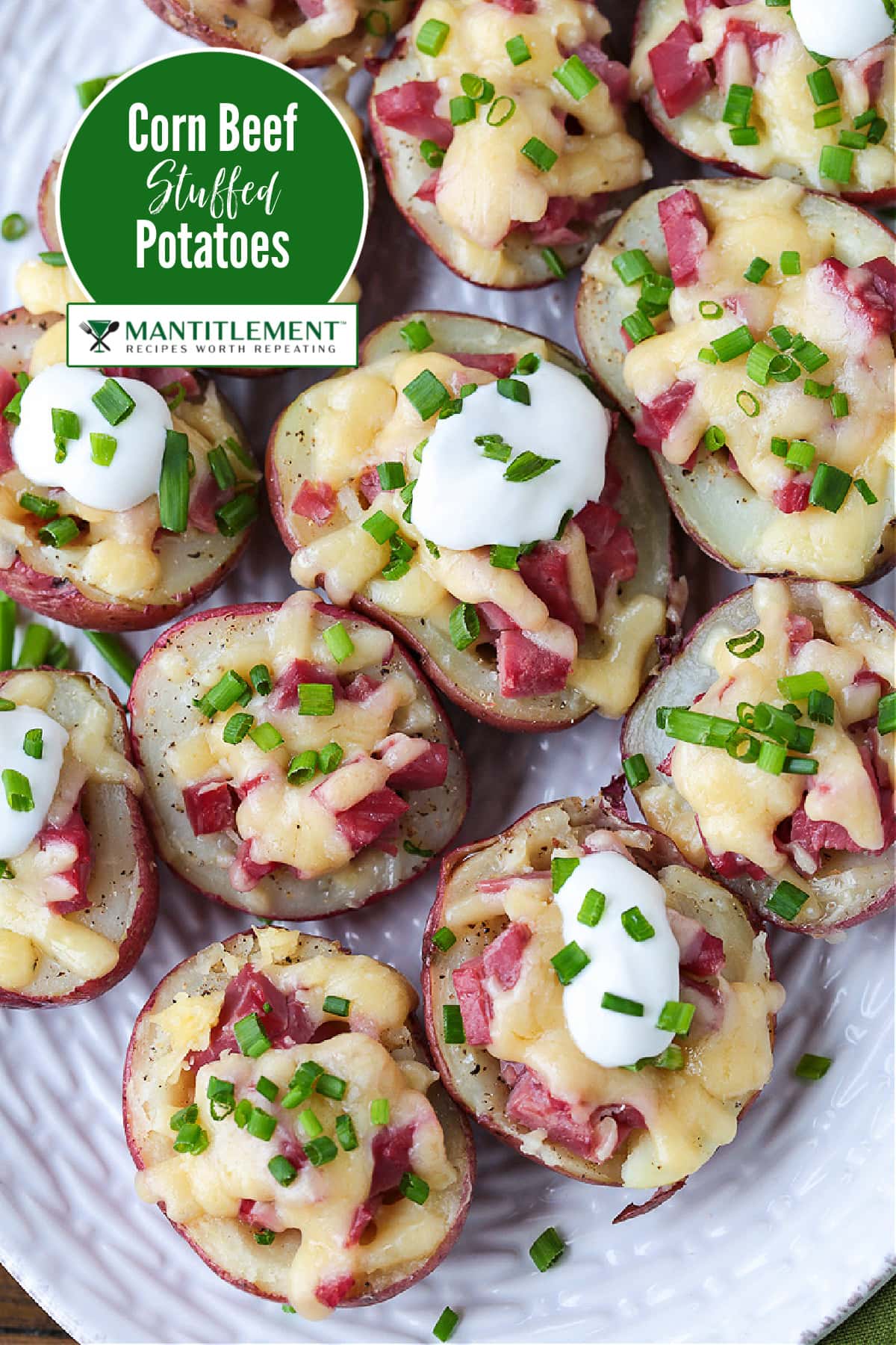 Corned Beef Stuffed Potatoes are a tasty way to use leftover corned beef! Tender baby potatoes stuffed with corned beef and cheddar cheese! mini potatoes stuffed with corned beef and cheese