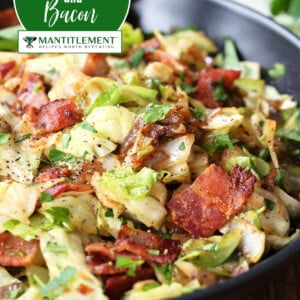 fried cabbage with bacon in black bowl with text for pinterest
