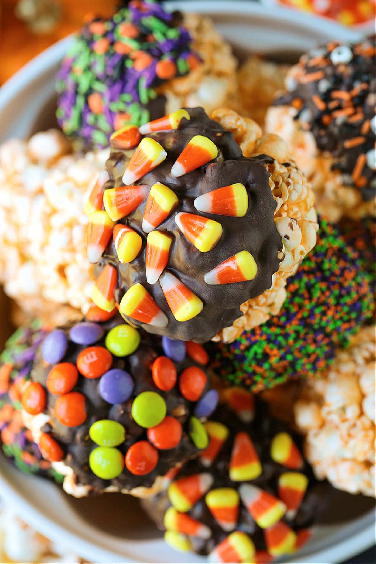 homemade popcorn balls decorated with candy corn