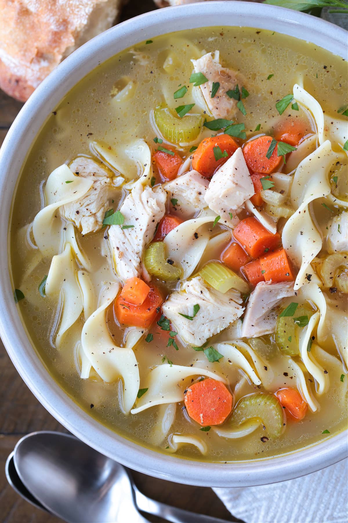 close up of bowl of turkey soup