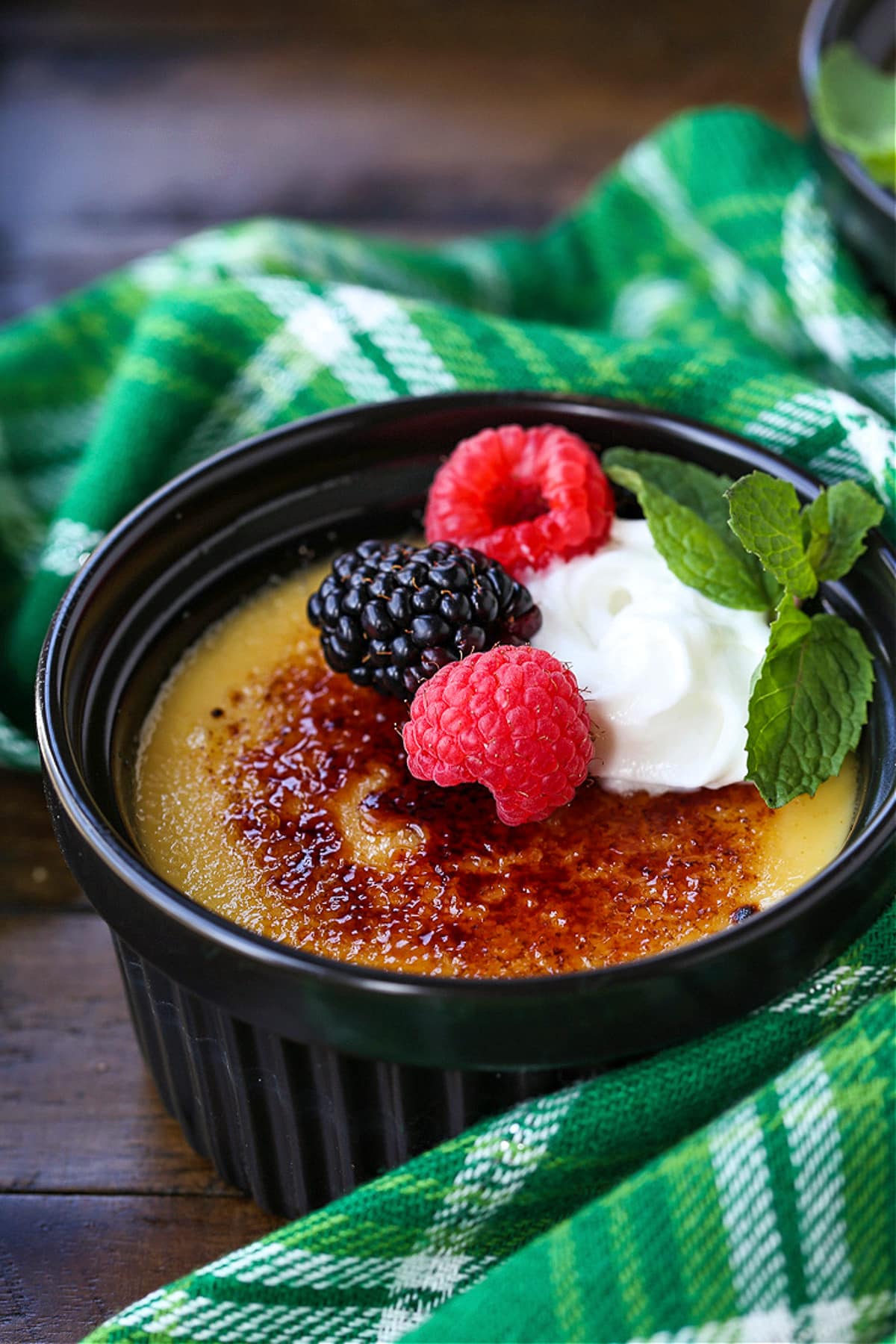 creme brulee with berries and mint