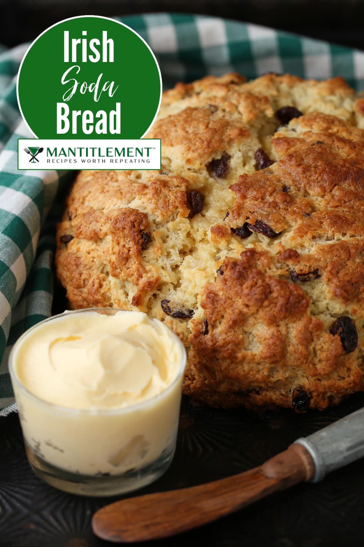 We love our slightly sweeter version of this classic Irish Soda Bread! Perfect for your St. Patrick's Day celebration, or as a homemade gift! Irish soda bread with butter dish and wooden knife