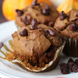 pumpkin chocolate chip muffins in muffin liner