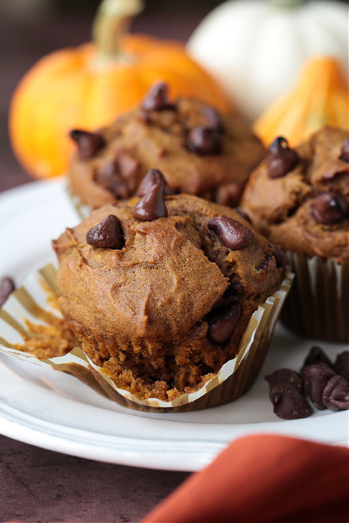 These Pumpkin Chocolate Chip Muffins are so moist and flavorful, made with real pumpkin puree. Enjoy them for breakfast, dessert or a snack! pumpkin chocolate chip muffins in muffin liner