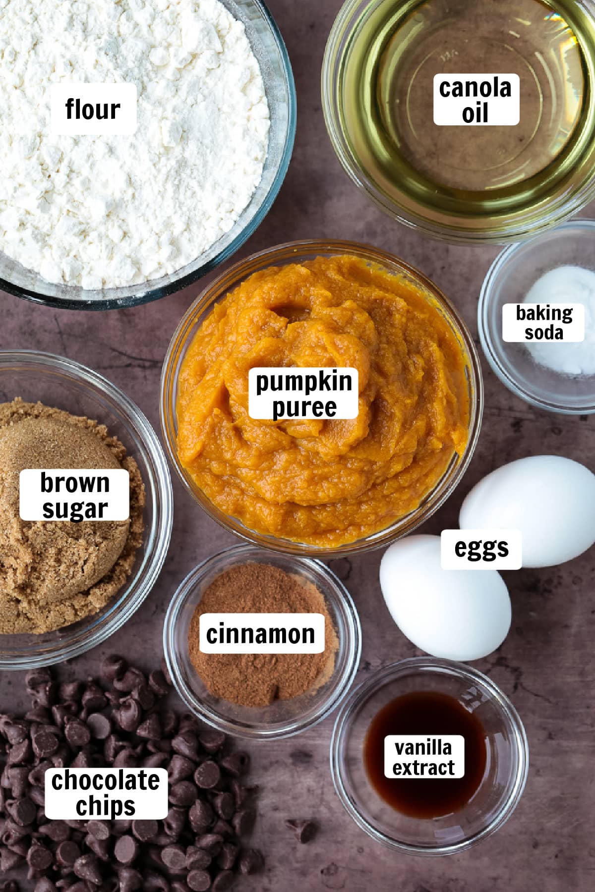 These Pumpkin Chocolate Chip Muffins are so moist and flavorful, made with real pumpkin puree. Enjoy them for breakfast, dessert or a snack! ingredients for pumpkin chocolate chip muffins