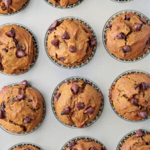 Pumpkin muffin recipe with chocolate chips in muffin tin