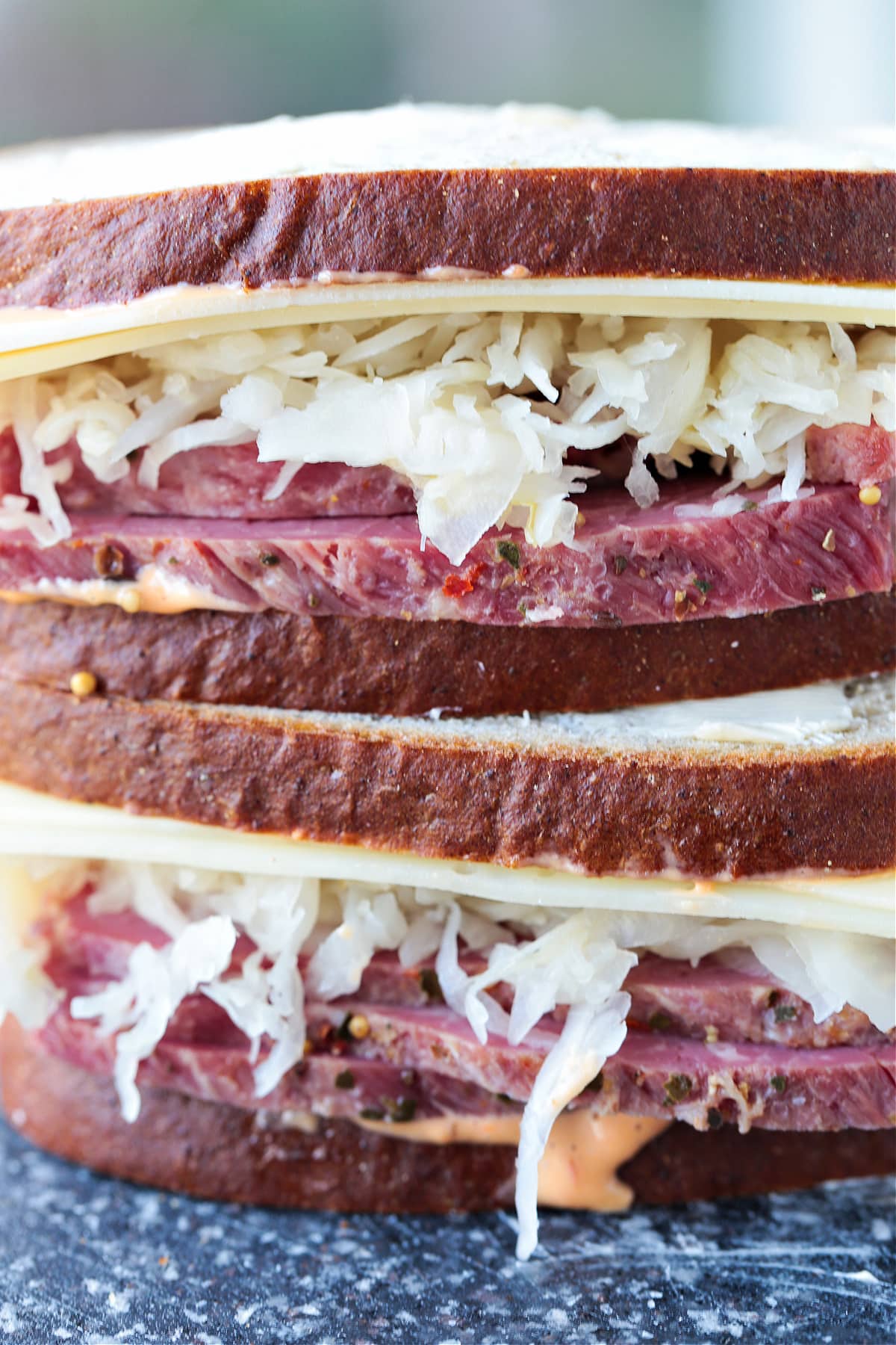 Assembled reuben sandwich before grilling