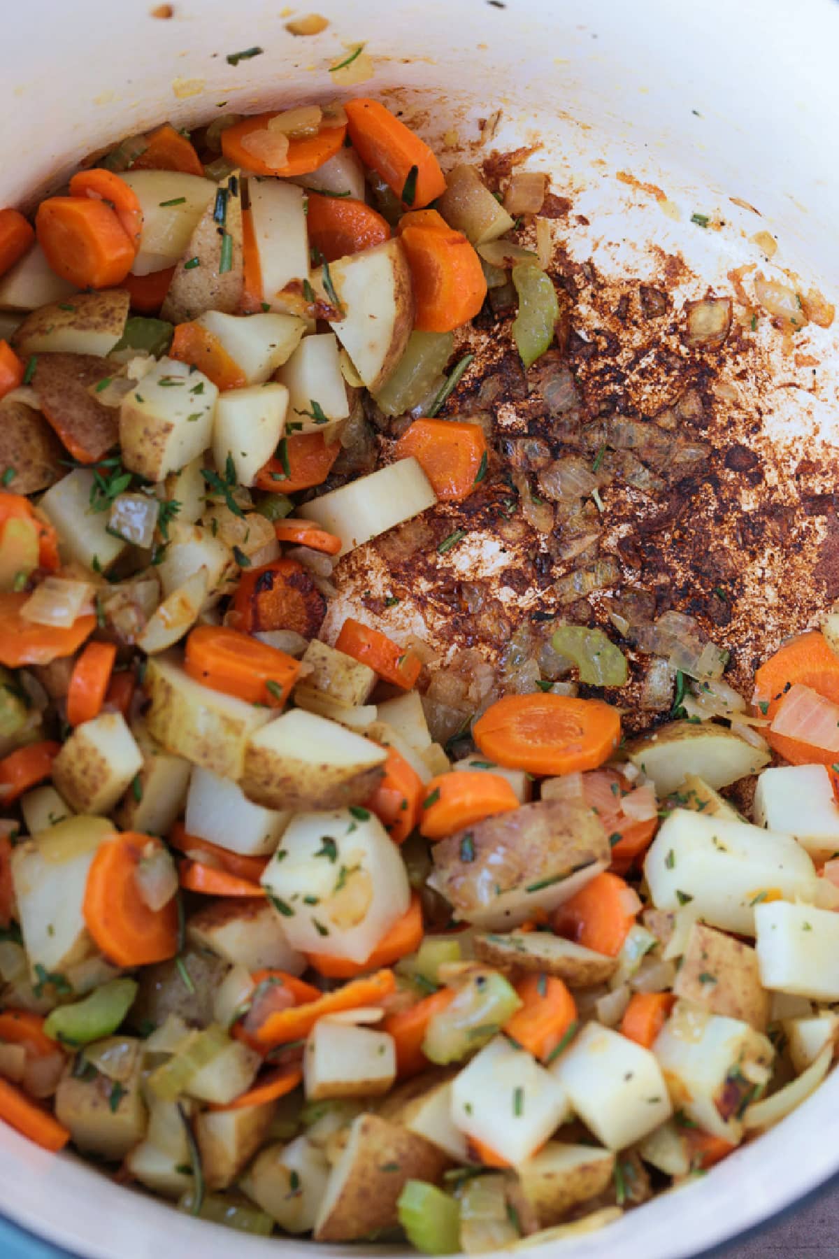 cooked vegetables in a pot for making stew