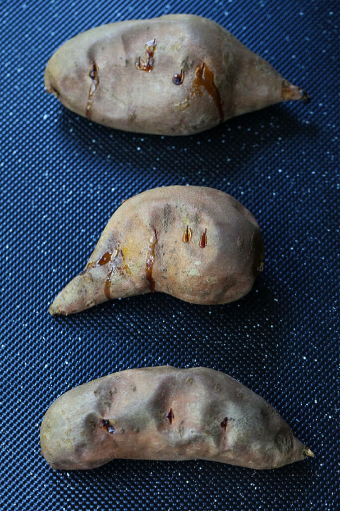 sweet potatoes on baking sheet after cooking