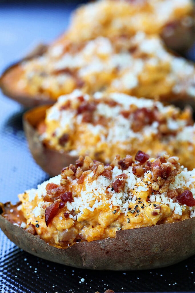 twice baked sweet potatoes with bacon on top